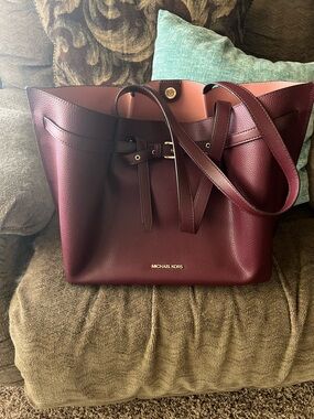 Michael Kors Maroon Pebbled Leather Tote with Gold Logo